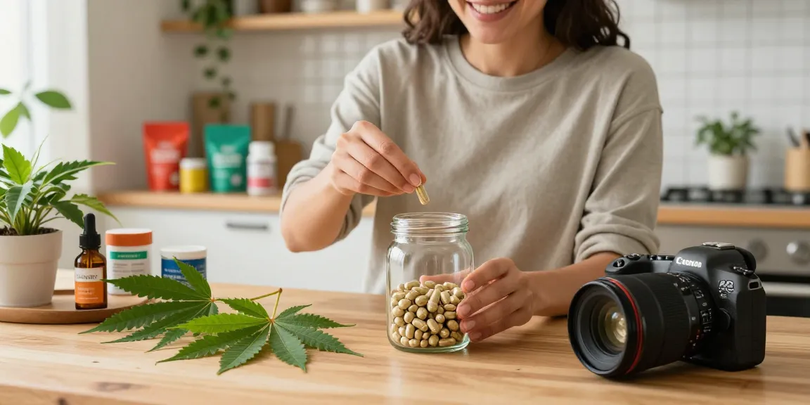 HappyGoLeafy kratom capsules being measured in a warm kitchen, showcasing wellness lifestyle.